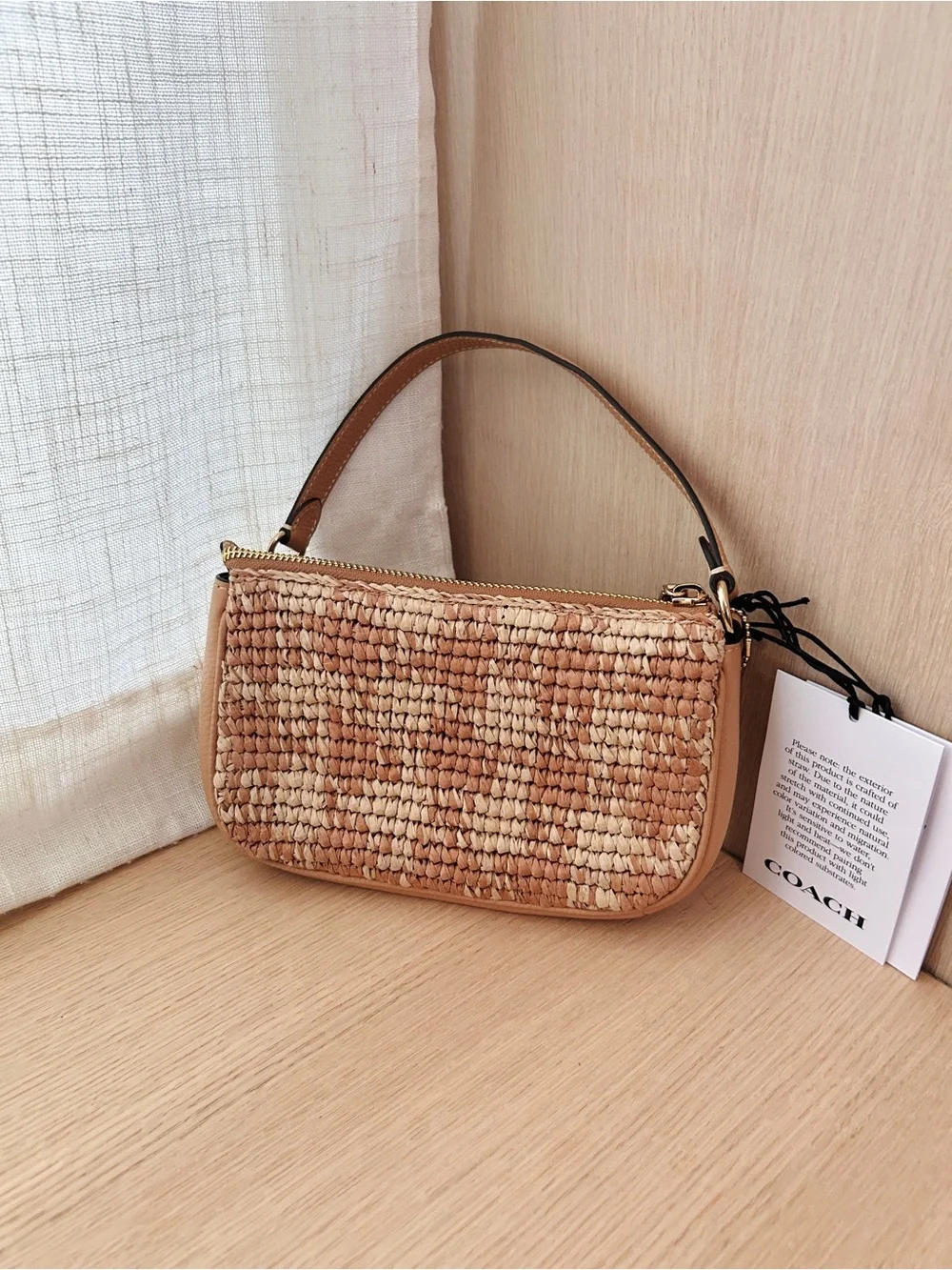 NWT🥨Coach Nolita 19 Gingham Print Tan Brown CEN00 Straw Shoulder Bag Wristlet